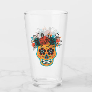 Day of the Dead Sugar Skull with Roses Glass
