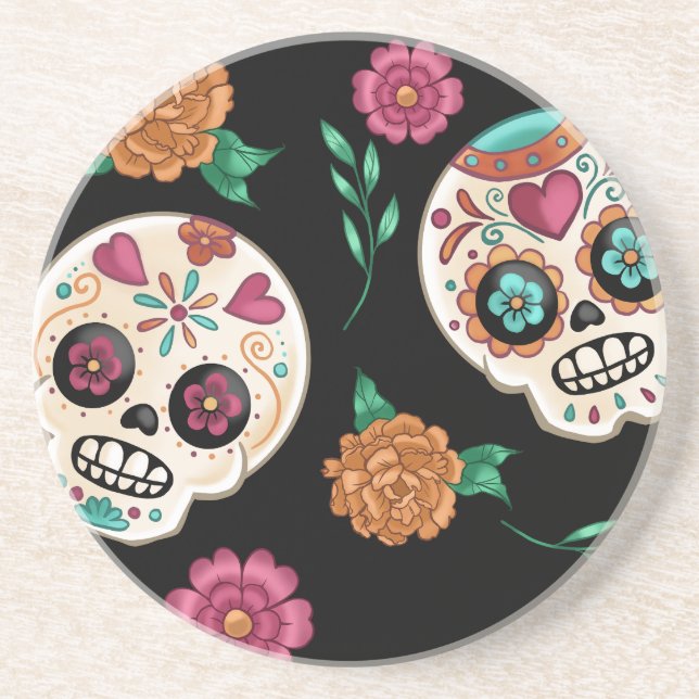 Day of the Dead Sugar Skulls and Flowers Black Coaster (Front)