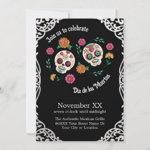 Day of the Dead Sugar Skulls and Flowers Black Invitation