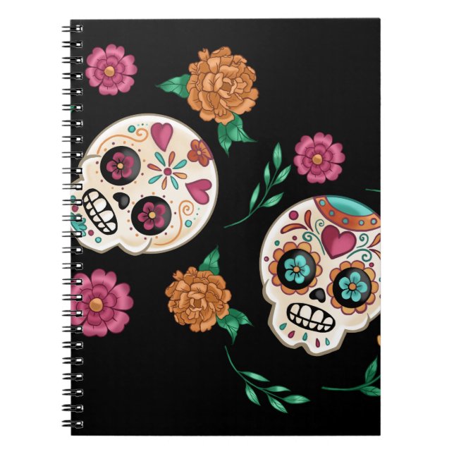Day of the Dead Sugar Skulls and Flowers Black Notebook (Front)