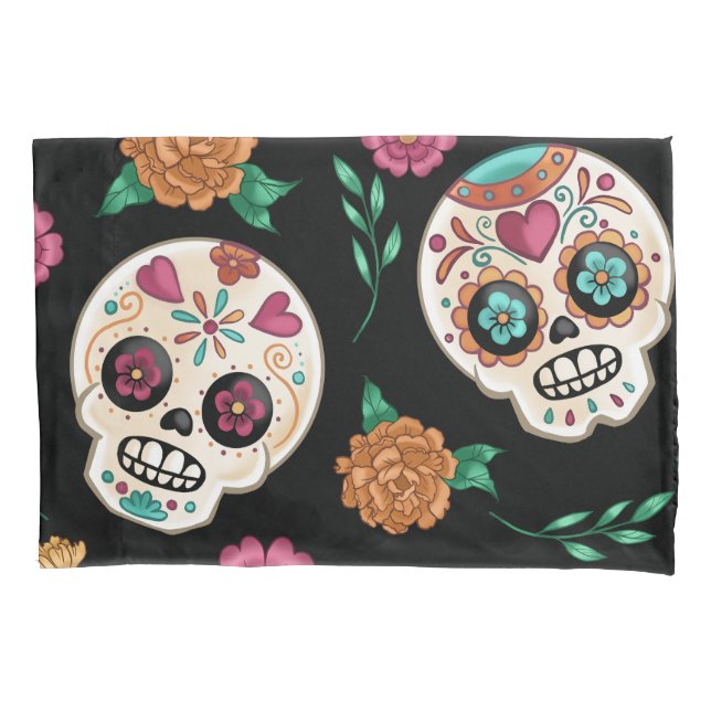 Day of the Dead Sugar Skulls and Flowers Black Pillowcase (Front)