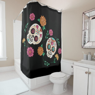 Day of the Dead Sugar Skulls and Flowers Black Shower Curtain