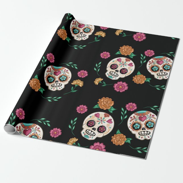 Day of the Dead Sugar Skulls and Flowers Black Wrapping Paper (Unrolled)