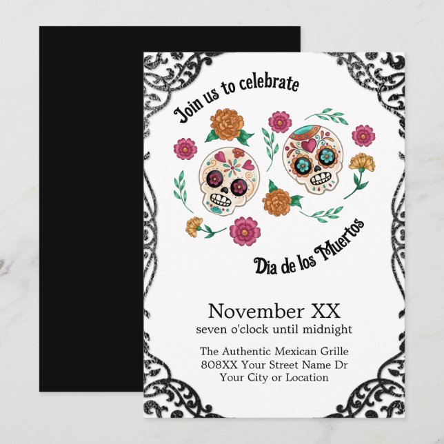 Day of the Dead Sugar Skulls and Flowers Invitation (Front/Back)