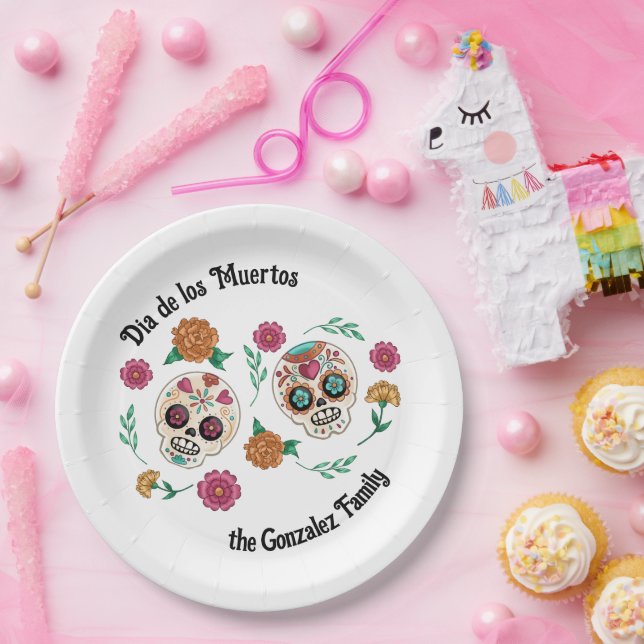 Day of the Dead Sugar Skulls and Flowers Paper Plate (Party)