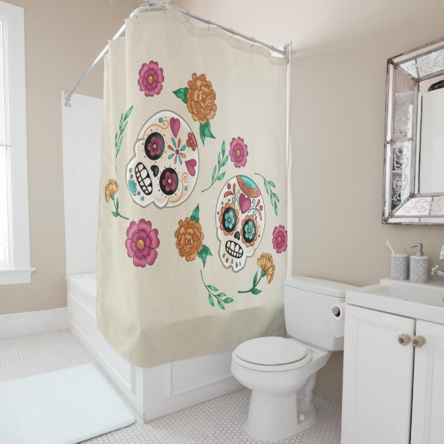 Day of the Dead Sugar Skulls and Flowers Shower Curtain (In Situ)