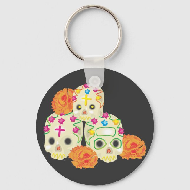 Day of the Dead Sugar Skulls and Marigolds Key Ring (Front)
