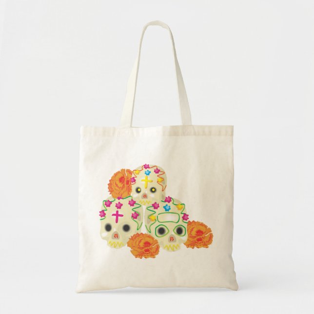 Day of the Dead Sugar Skulls and Marigolds Tote Bag (Front)