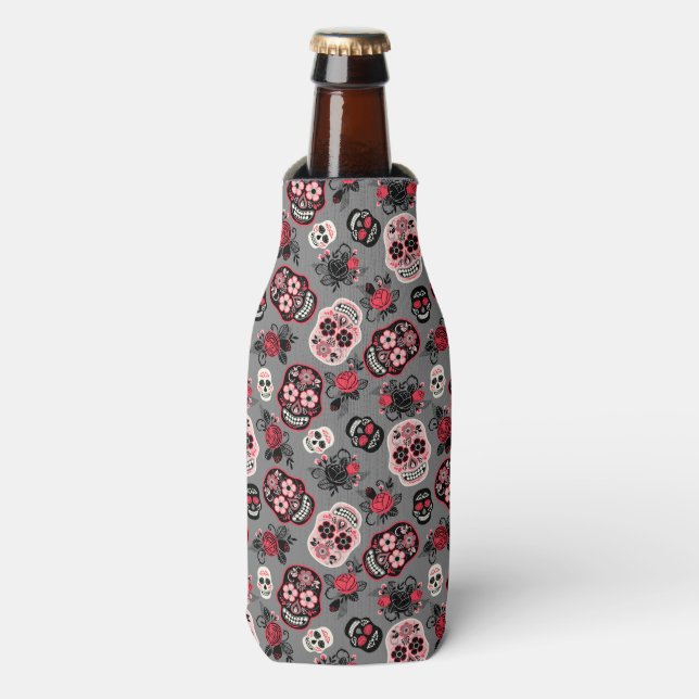 Day of the Dead Sugar Skulls, grey Bottle Cooler (Bottle Front)