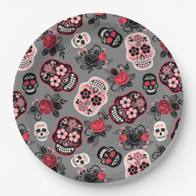 Day of the Dead Sugar Skulls, grey Paper Plate (Front)
