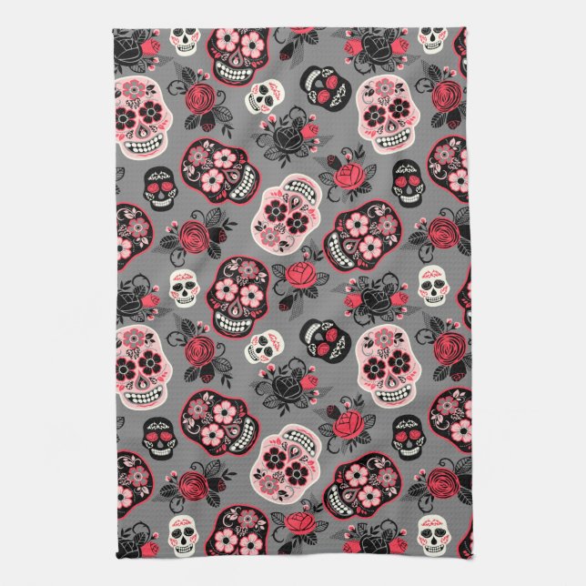 Day of the Dead Sugar Skulls, grey Tea Towel (Vertical)