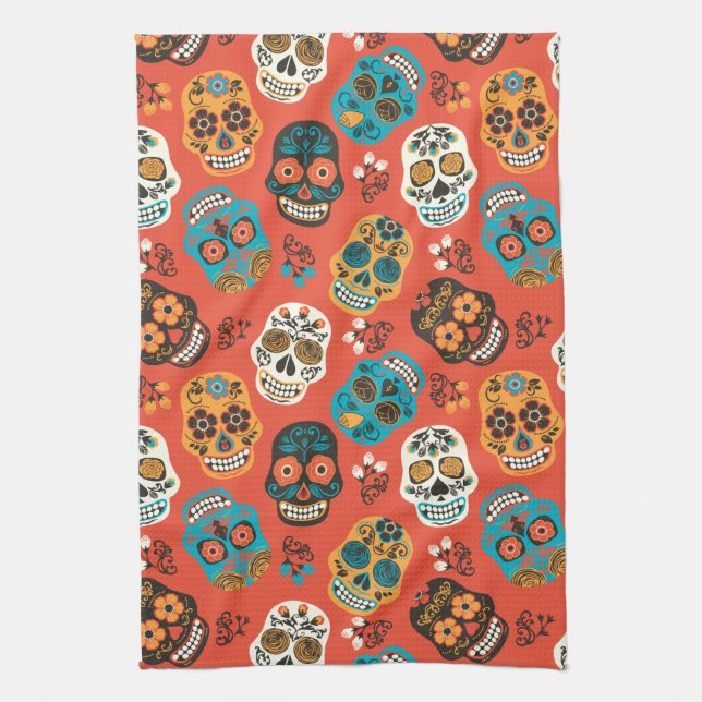 Day of the Dead Sugar Skulls, orange Tea Towel (Vertical)