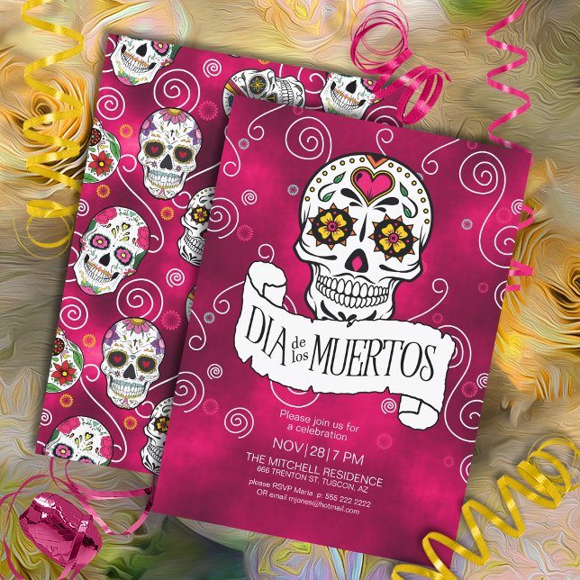 Day of the Dead Sugar Skulls Red ID725 Invitation (Front/Back In Situ)