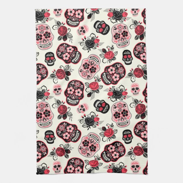 Day of the Dead Sugar Skulls, white Tea Towel (Vertical)