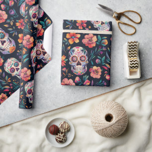 Day of the Dead Sugar skulls with flowers Wrapping Paper