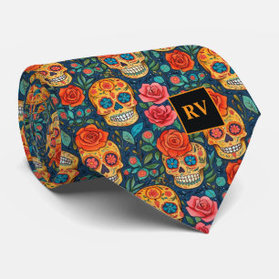 Day of the Dead Sugar Skulls with Roses on Indigo Tie