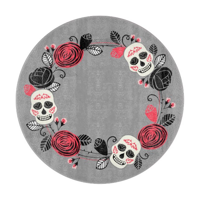 Day of the Dead Sugar Skulls Wreath Cutting Board (Front)
