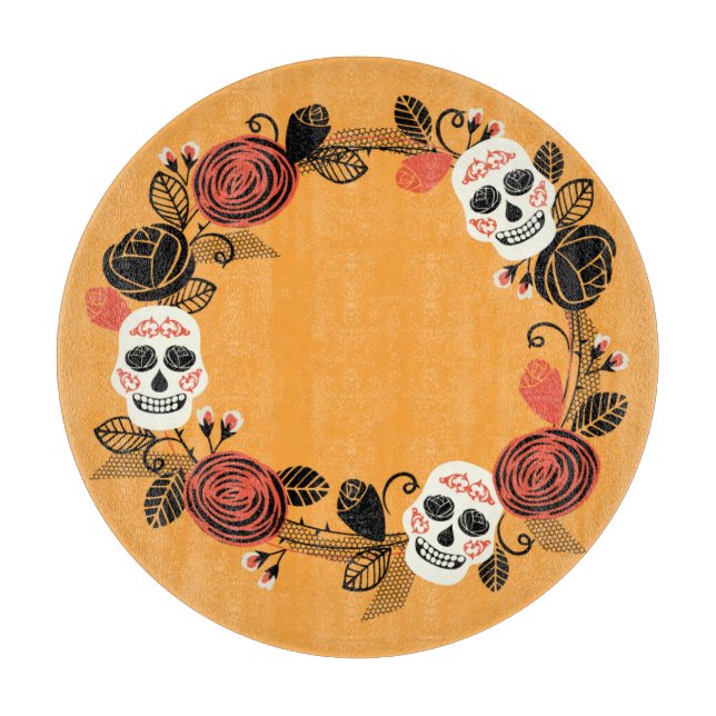 Day of the Dead Sugar Skulls Wreath, orange Cutting Board (Front)