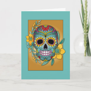 Day of the Dead Teal and Marigold Skull and Flower Card