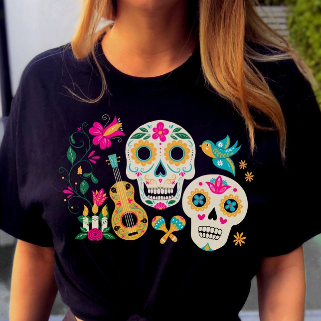 Day of the Dead Theme Sugar Skulls T-Shirt (Day of the Dead Sugar Skulls T-shirt with mexican theme from my Dia de los Muertos collection)