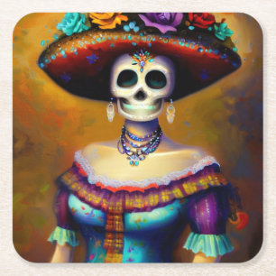 Day of the Dead Woman 1 Square Paper Coaster