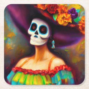 Day of the Dead Woman 4 Square Paper Coaster