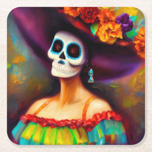 Day of the Dead Woman 4 Square Paper Coaster (Front)