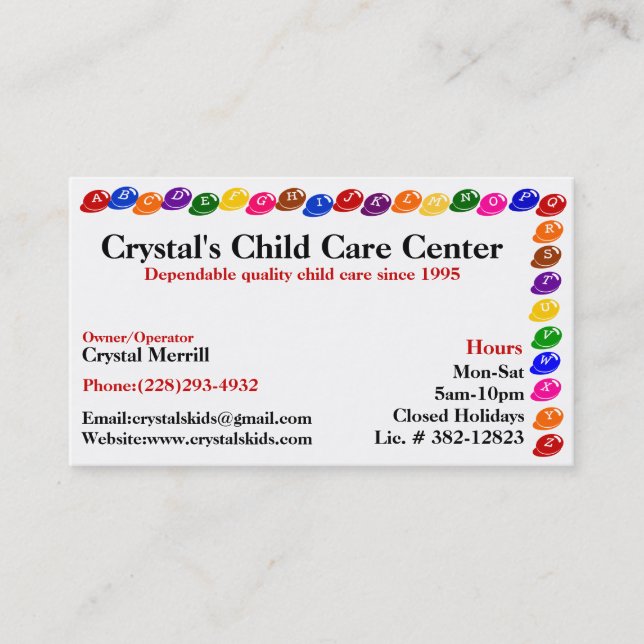 Daycare Childcare Babysitting Business Card (Front)