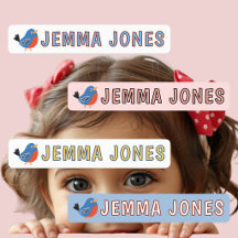 Daycare Label Cute Robin Bird Blue Kid Name