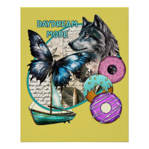 Daydream Mode - Wolf Butterfly Doughnuts Boat Poster