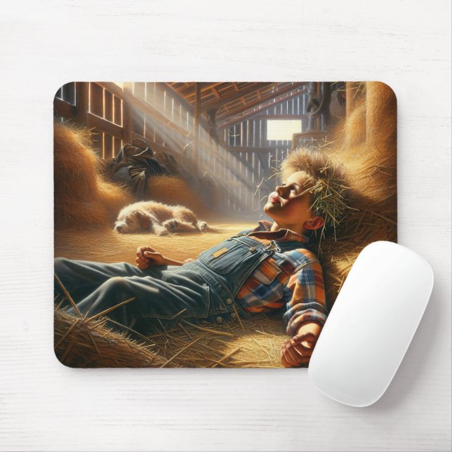 Daydreaming Boy In Barn Hayloft Mouse Pad (With Mouse)