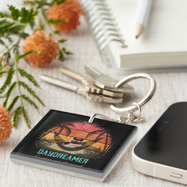 Daydreaming Cool Cat's Tropical Escape Key Ring (Front Right)