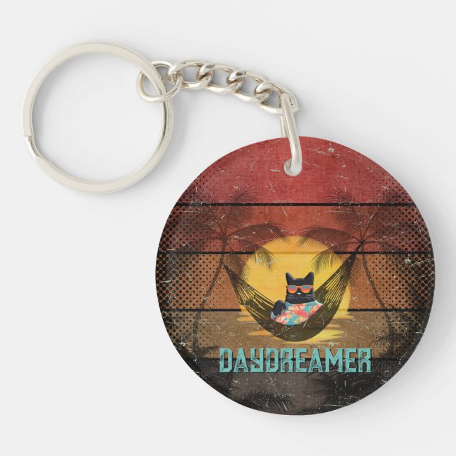 Daydreaming Cool Cat's Tropical Escape Round Key Ring (Front)