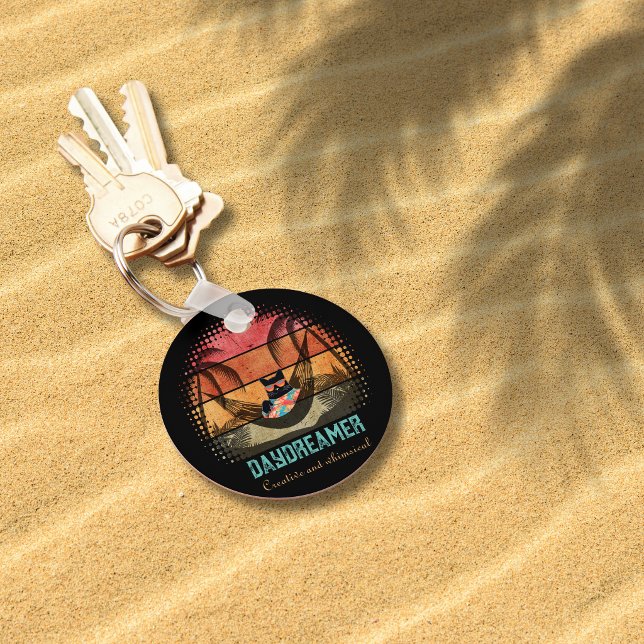 Daydreaming Cool Cat's Tropical Escape round Key Ring (Daydreaming Cool Cat's Tropical Escape round Keychain)