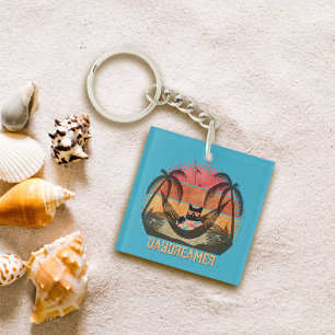 Daydreaming Cool Cat's Tropical Escape Square Key Ring