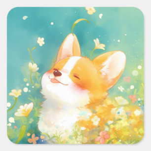 Daydreaming Corgi Surrounded by Flowers Square Sticker