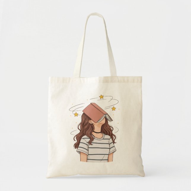 Daydreaming Reader | Whimsical Book on Head Tote Bag (Front)