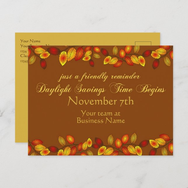 Daylight Savings Fall Back Reminder Business Postcard (Front/Back)