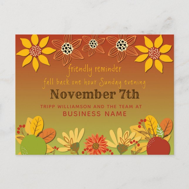 Daylight Savings Fall Back Reminder Business Postcard (Front)