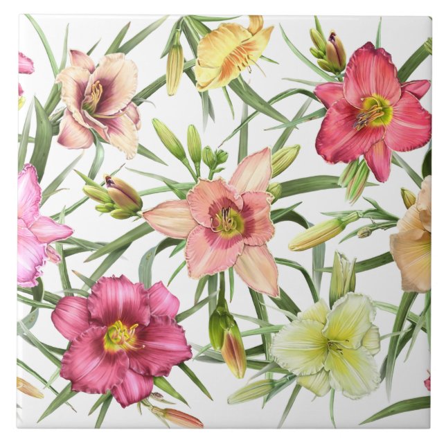 Daylilies All Over Floral Botanical Art Design Ceramic Tile (Front)