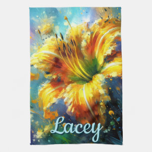 Daylily Daylilies Flower Yellow Teal Personalised Tea Towel