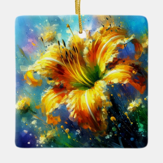 Daylily Floral Impressionistic Painting Yellow  Ceramic Ornament (Front)