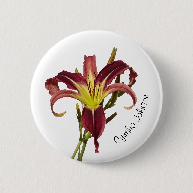 Daylily Flower / Spider Lily / Burgundy & Yellow / 6 Cm Round Badge (Front)