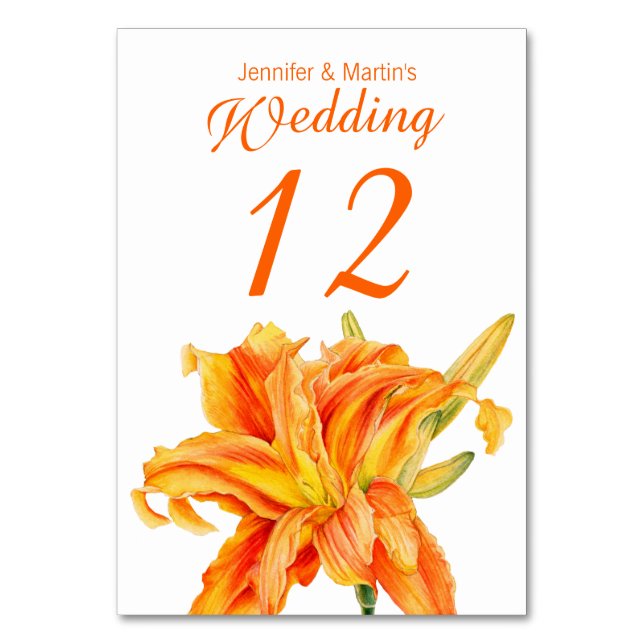 Daylily Hemerocallis floral wedding table numbers (Front)