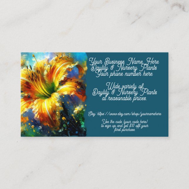 Daylily & Nursery Plants Shop Sales Etsy  Business Card (Front)