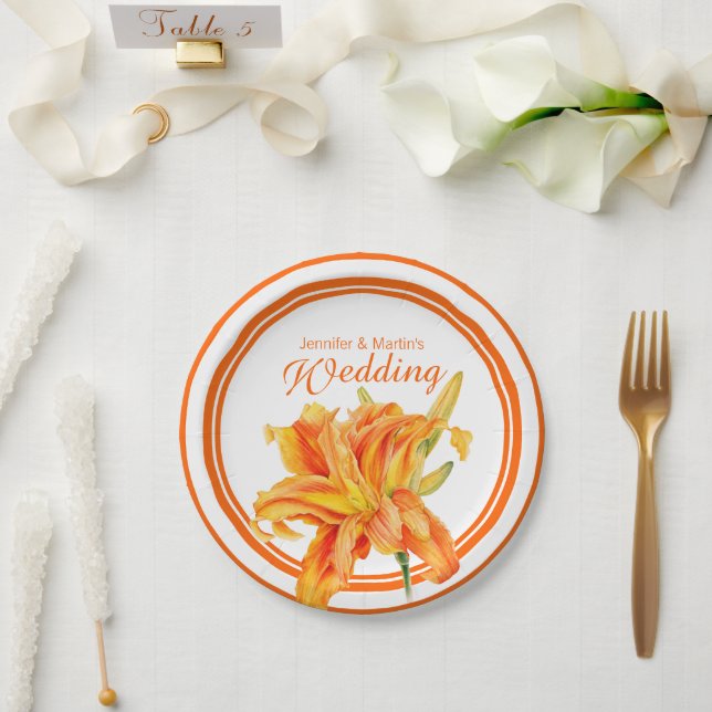 Daylily orange watercolor art custom paper plates (Wedding)
