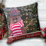 Days Be Merry and Bright Cute Rustic Snowman Name Cushion<br><div class="desc">“May your days be merry & bright.” A close-up photo of a happy and cute, rustic log snowman, wrapped in a red and white striped scarf against lighted trees helps you usher in Christmas and New Year. Feel the warmth and joy of the holiday season whenever you relax with this...</div>