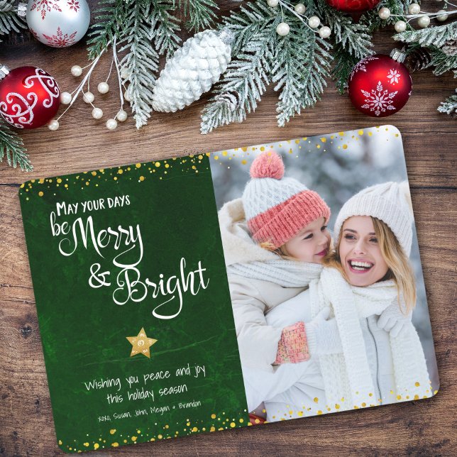 Days Be Merry Bright Custom Photo Gold Star Green Holiday Card (Creator Uploaded)