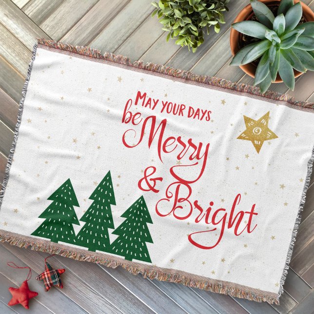 Days Be Merry Bright Red Calligraphy Star Trees Throw Blanket (Creator Uploaded)