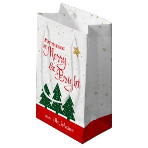Days Be Merry Bright Red Script Gold Stars Trees  Small Gift Bag
